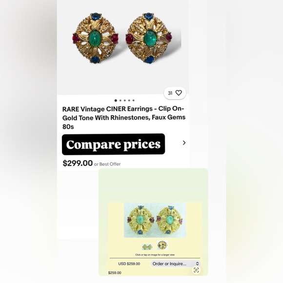 CINER Rare Vintage Clip On- Gold Tone With Rhinestones Faux Gems 80s - Picture 7 of 7